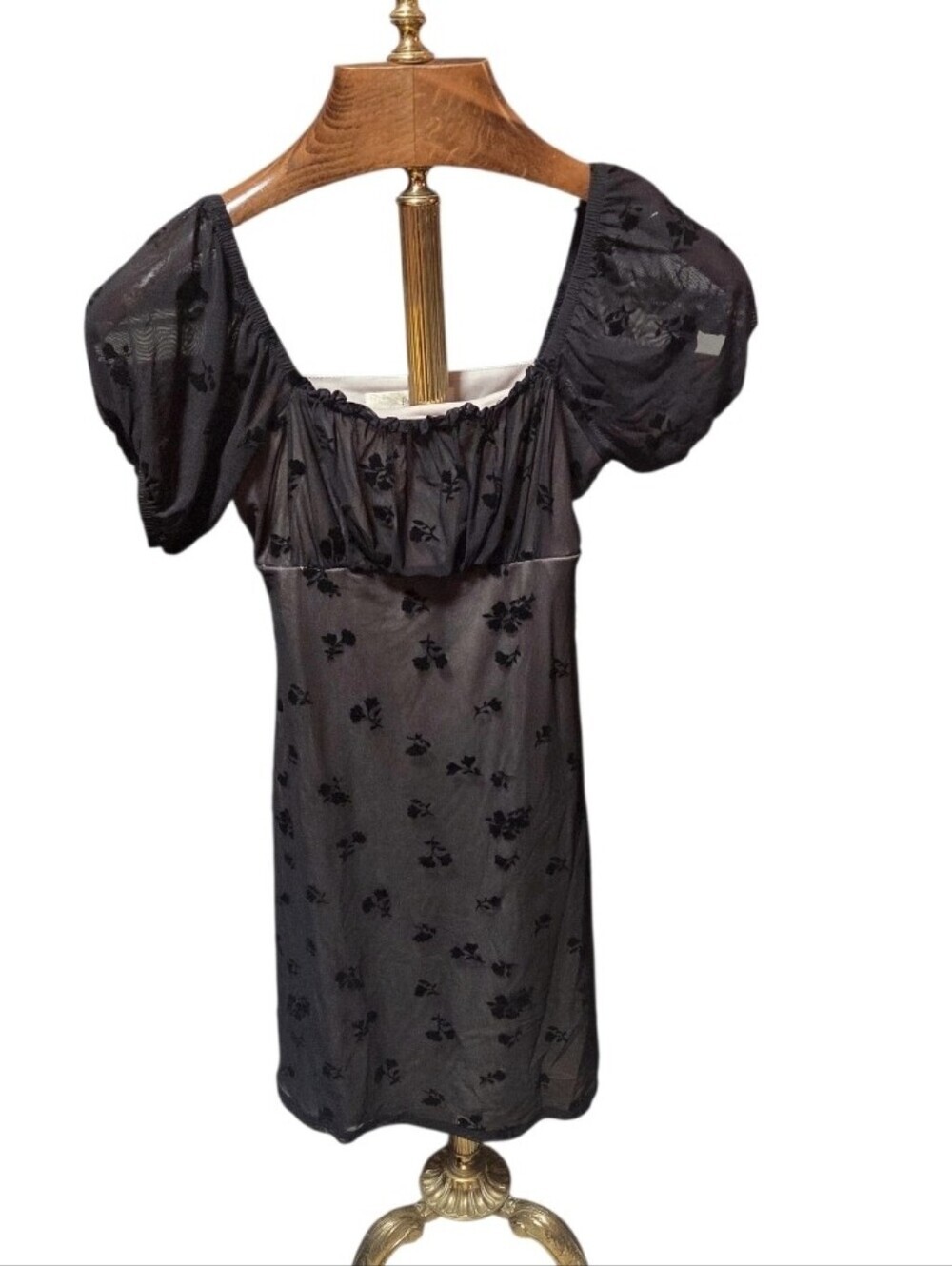 Rewind Y2K Style Black Puff Sleeve Sheer Velvet Burnout Mini Babydoll Dress XS